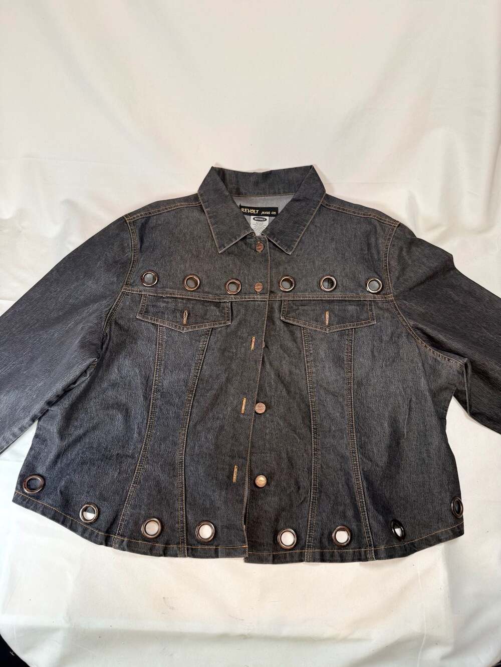 Y2K Grunge Revolt Jeans Co Grommet Denim Jacket Plus Size 22/24 Trucker Black